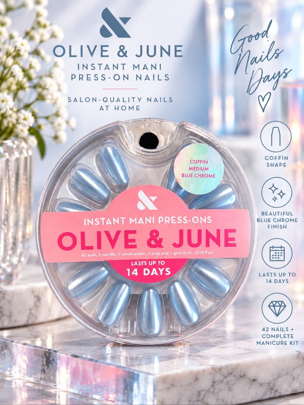 Olive & June Instant Mani Press On Nails Medium Coffin Blue Chrome 42 Nails NWT